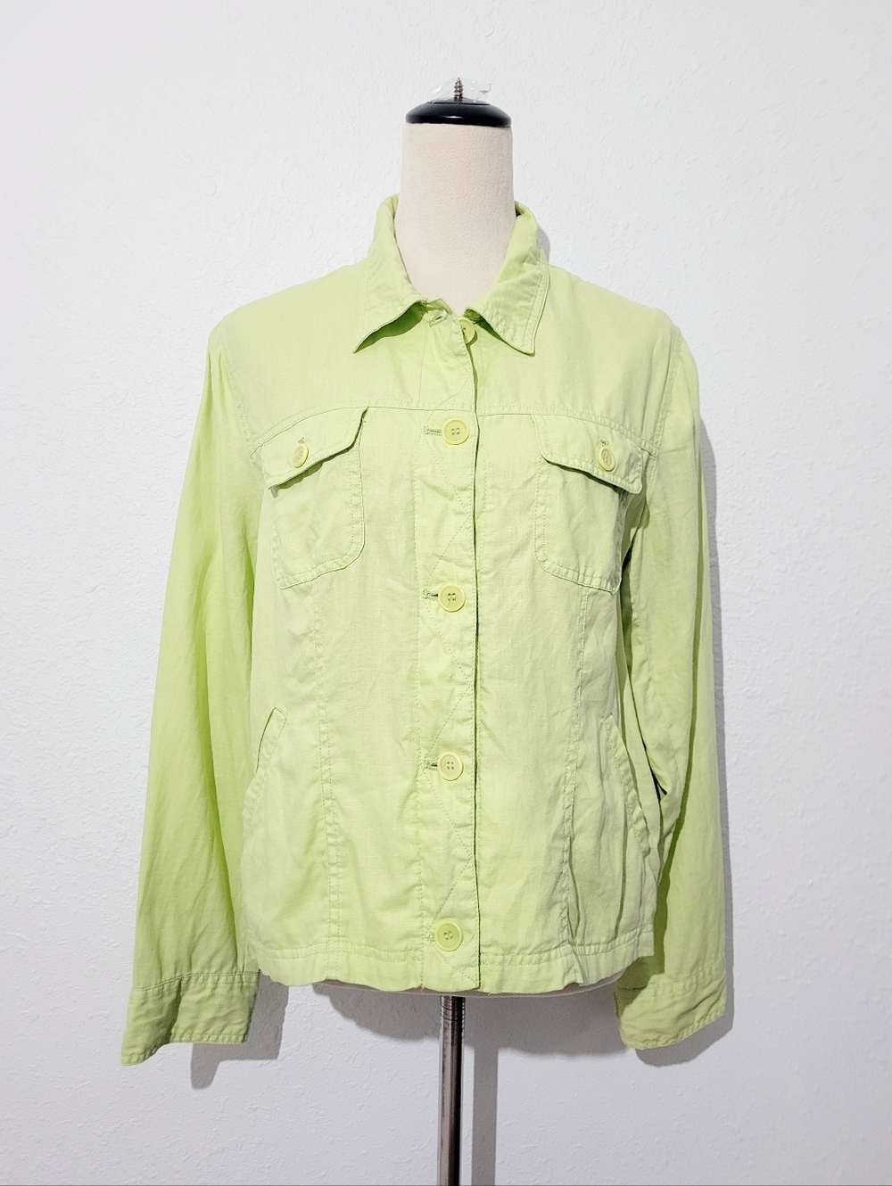 100% Linen Jacket Womens Size Large Green Button Front Utility Classic Casual - Picture 2 of 13